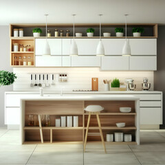 Fototapeta premium Illustration - Modern White Kitchen Interior Design, Island, Shelves, Appliances, Decor
