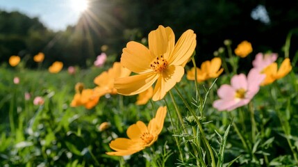 Sunlit Yellow Cosmos Flowers Meadow  Blooming Summer Nature Scene
