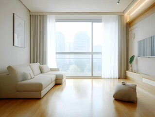 Fototapeta premium 3D Illustration Modern Living Room Interior Design Sofa, Window, Curtains, Wood Floor, and City View