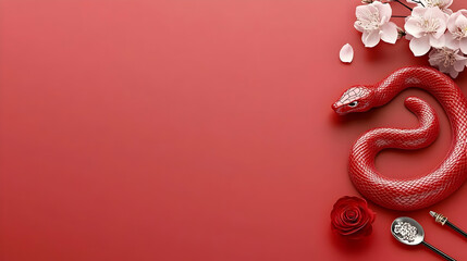3D Illustration Red Snake, Blossoms, Rose, Spoon, Chopsticks on Red Background