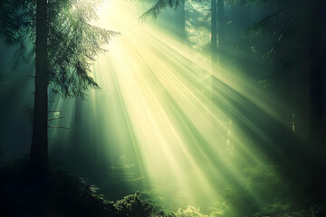Fototapeta premium Mystic Forest Illustration: Sunbeams Through Trees