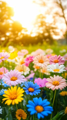 Obraz premium Colorful Daisy Flower Field Illustration - Sunset Garden