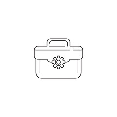 Minimalist outline icon of a toolbox with a gear symbol, representing repair, maintenance, and engineering. Perfect for business, mechanical, and industrial design concepts.