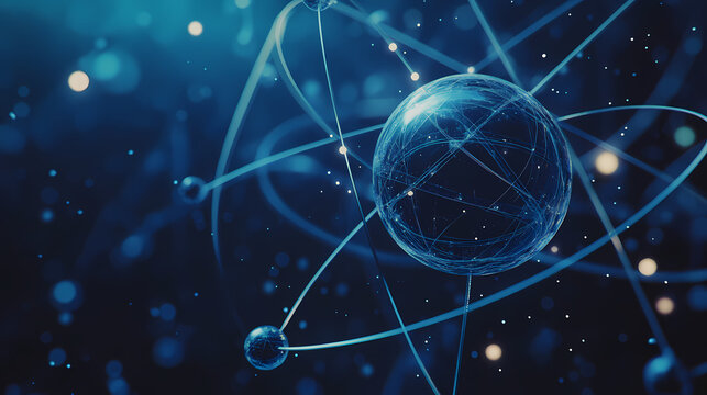 3D render of atomic structure with electrons orbiting