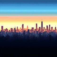 Fototapeta premium Illustration - Cityscape Sunset Dawn Dusk Skyline Urban Architecture Buildings Modern Lights