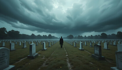 Person Walking Through Graveyard Under Dark Overcast Sky Remembrance Theme