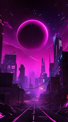 Illustration of Futuristic Cityscape, Pink Planet, Night, Synthwave