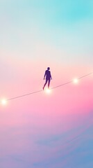 Balancing Act on a Tightrope Against a Pastel Sunset Sky in the Evening