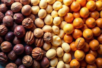 Various types of nuts like hazelnuts, pecans, and macadamia in a rainbow of colors and sizes, nuts, diverse