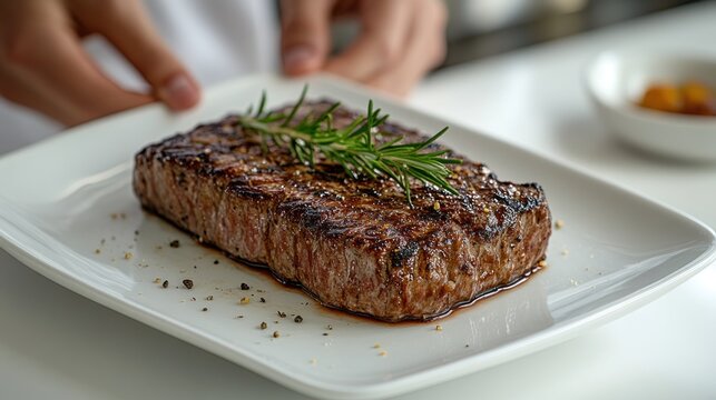 Chef presenting cooked steak on a plate
