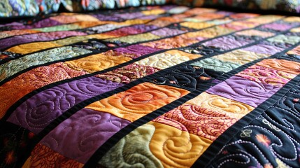 Colorful quilt on a bed showcasing intricate patterns and textures, enhancing a cozy bedroom atmosphere
