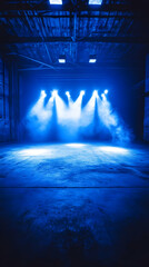 Obraz premium Photo Background - Empty Stage, Blue Lights, Smoke, Atmospheric, Dark, Warehouse, Grunge, Industrial