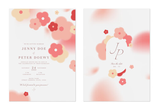 Wedding invitation and save the date template set of blurred floral designs in shades of pink and cream on a light grey background. The style is modern, minimalist, and whimsical