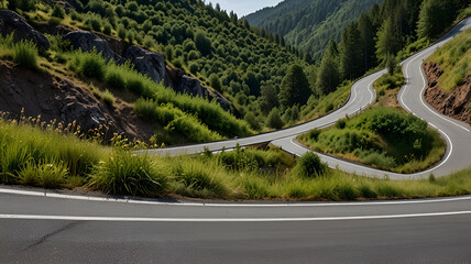 winding road in the mountains,
Curvy mountain road with greenery
