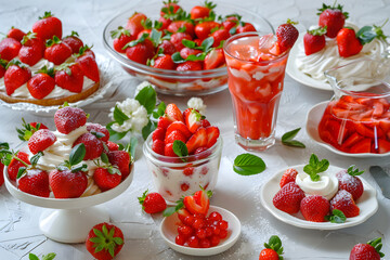Delicious and Appealing Array of Variety Strawberry-Based Recipes Displayed on Light Background.