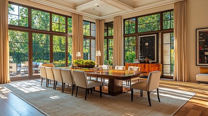 Luxurious dining room, sunlit, garden view, hardwood floors, real estate listing