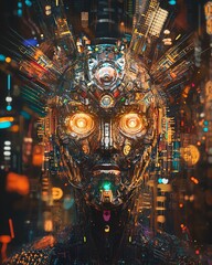 Futuristic Robotic Face With Glowing Features Illuminated by Vibrant Technology