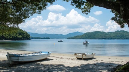 Obraz premium Tranquil Beach View with Traditional Japanese Fishing Boats