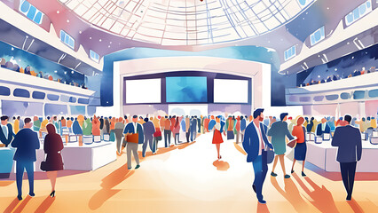 Crowd attending business convention watercolor illustration for marketing event purposes