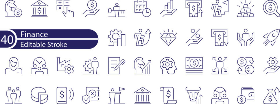 Line icons about finance. Financial concept. Contains such icons as stock market, investment and commodities. Editable vector stroke.