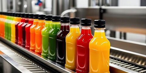 Row of colorful bottled fruit juices on an industrial conveyor belt in a beverage production facility, representing juice manufacturing, bottling process, and food industry automation  © Sina Blaze