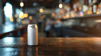 Angled aluminum can gleams on a rustic wooden table, capturing light with its reflective surface, inviting intrigue from left to right