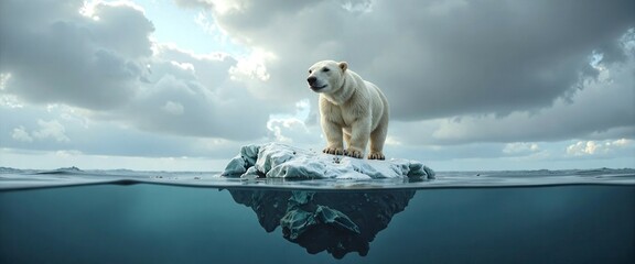 A polar bear stands on a piece of ice in the ocean. The bear is looking out into the water