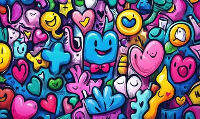 Obraz premium Colorful and Playful Background with Smiley Faces and Hearts