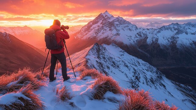 Photographer captures sunrise, snowy mountain peak, alpine landscape, adventure travel