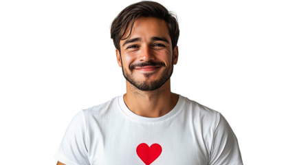 Happy Man Wearing a White T-Shirt with a Red Heart, Smiling Against a Clean White Background