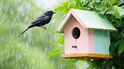Naklejka premium Whimsical Pastel Birdhouse in the Rain with Birds