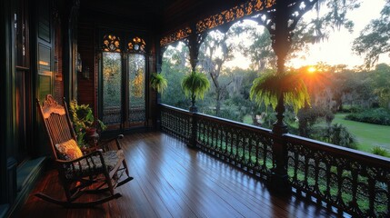 Historic porch rocking chair at sunset