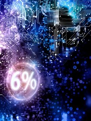 A neon holographic projection of 60% floating in a high-tech environment, with a dark background illuminated by glowing circuits.