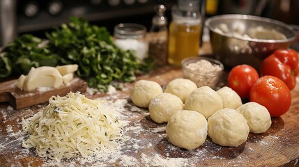 Fototapeta premium Preparing dough balls, cheese, and tomatoes for cooking. Kitchen prep. Food photography