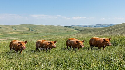 Red pigs grazing idyllic pasture, rolling hills background. Farm animal image for agriculture, livestock