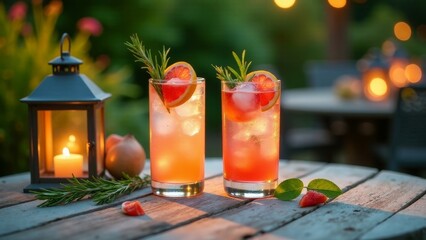 Evening Refreshments Two Sparkling Citrus Cocktails Garnished with Rosemary, Illuminated by a Soft Candlelight on a Rustic Wooden Table in a Serene Outdoor Setting