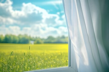 Sunny field view from open window with white curtains on a bright day