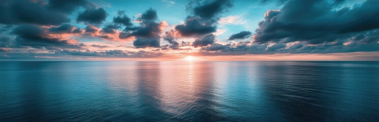 Obraz premium Expansive drone-captured seascape with glowing sunset and mirrored water, optimized for eco-tourism brochures, spa websites, and creative branding projects.