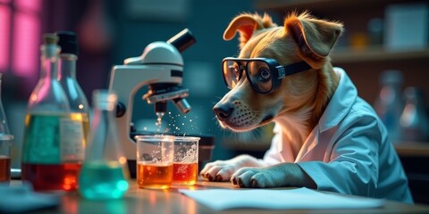 A curious canine scientist in a lab coat meticulously examines liquids in beakers under a microscope, demonstrating a playful yet intellectual exploration of scientific principles.