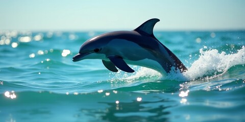 Obraz premium A playful marine mammal leaping from the ocean waves during a sunny day