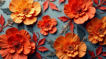 Vibrant orange floral arrangement with contrasting foliage, meticulously crafted, showcasing autumnal hues and intricate botanical details in a flat lay composition.