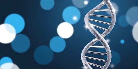 Glowing DNA helix with a futuristic design on a dark blue bokeh background, representing genetics, biotechnology, molecular research, innovation, and scientific advancement

