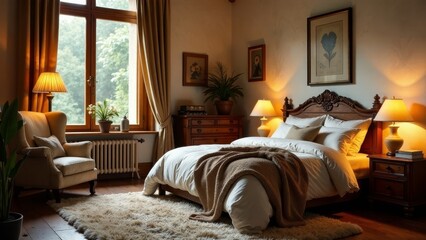 Cozy bedroom interior with a large bed, plush blanket, and warm lighting