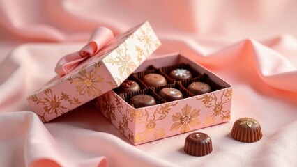 A Pink Floral Box of Assorted Chocolate Truffles on a Delicate Pink Fabric