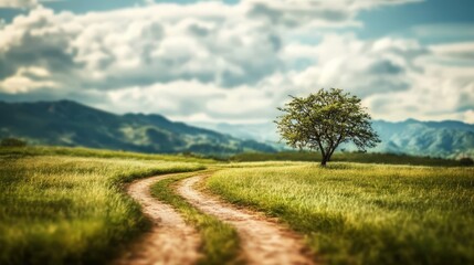 Fototapeta premium A winding dirt path bisects a lush, verdant meadow; soft grass carpets one side while earth hues embrace the other, inviting exploration