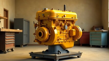 A vibrant yellow industrial engine, meticulously displayed on a sturdy metal base, rests within a workshop setting, showcasing its intricate details and powerful design.