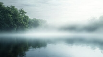 Fototapeta premium Misty Morning Lake, Serene Reflections in Foggy Water