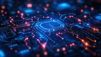 Circuit board with glowing processor, data flow, tech background