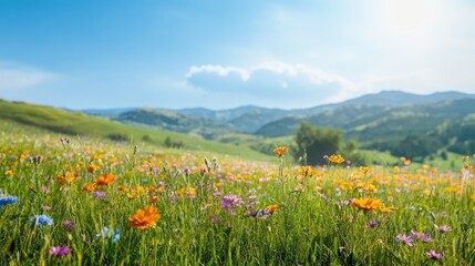 Vibrant Wildflower Meadow in Rolling Hills Under a Sunny Sky