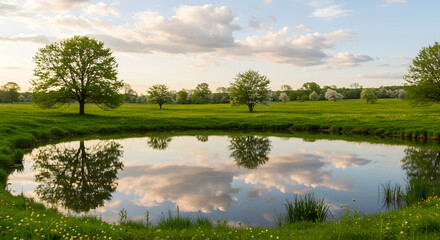 Fototapeta premium Serene spring landscape with pond reflection of trees and sky day calm on transparent background